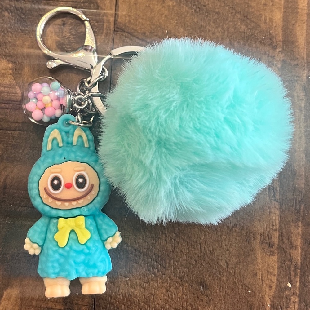 Teal Plush Pom-Pom Keychain with Cute Character Charm Kids Labubu Toy Accessory
